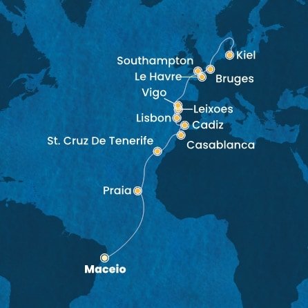 Brazílie, Kapverdy, Španělsko, Maroko, Portugalsko, Francie, Velká Británie, Belgie, Německo z Maceia na lodi Costa Diadema