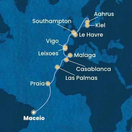 Brazílie, Kapverdy, Španělsko, Maroko, Portugalsko, Francie, Velká Británie, Dánsko, Německo z Maceia na lodi Costa Diadema