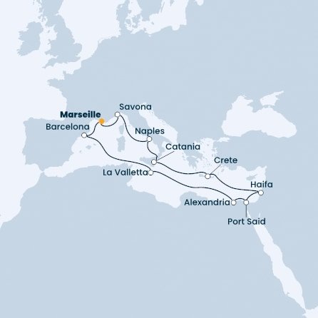 Francie, Itálie, Řecko, Izrael, Egypt, Malta, Španělsko z Marseille na lodi Costa Pacifica