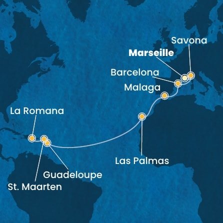 Francie, Itálie, Španělsko, Guadeloupe, Svatý Martin, Dominikánská republika z Marseille na lodi Costa Fascinosa