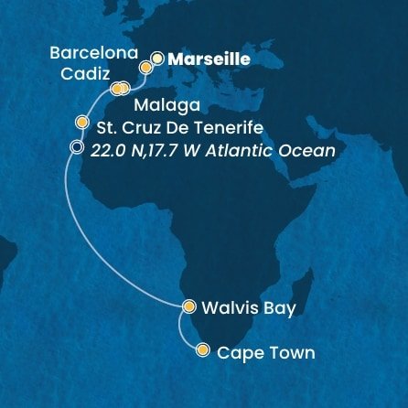 Francie, Španělsko, Namibie, Jihoafrická republika z Marseille na lodi Costa Toscana