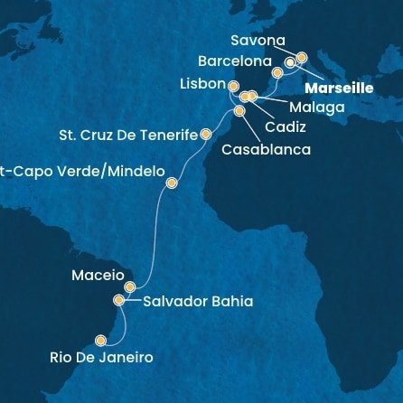Francie, Itálie, Španělsko, Portugalsko, Maroko, Kapverdy, Brazílie z Marseille na lodi Costa Diadema