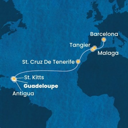 Guadeloupe, Svatý Kryštof a Nevis, Antigua a Barbuda, Španělsko, Maroko z Pointe-à-Pitre, Guadeloupe na lodi Costa Favolosa