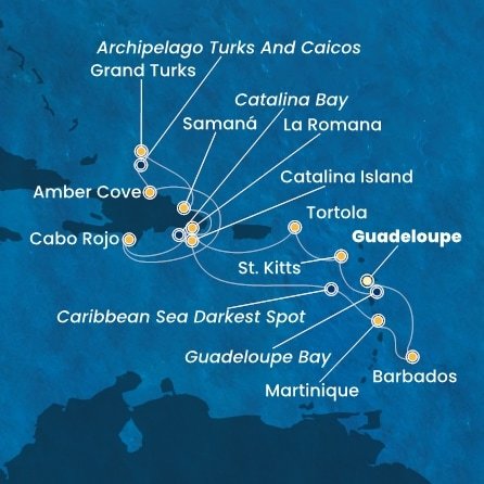Guadeloupe, Svatý Kryštof a Nevis, Britské Panenské ostrovy, Dominikánská republika, Zámořské území Velké Británie, Martinik, Barbados z Pointe-à-Pitre na lodi Costa Fascinosa