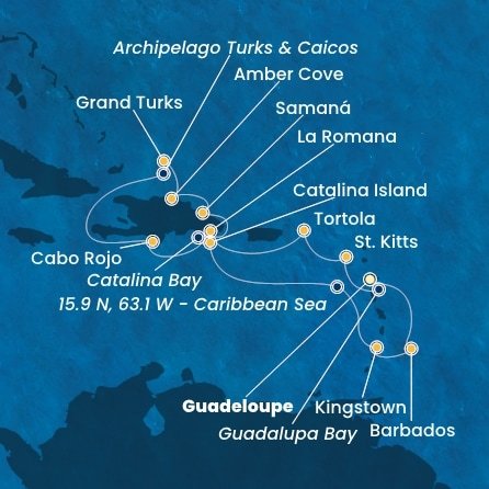 Guadeloupe, Svatý Kryštof a Nevis, Britské Panenské ostrovy, Dominikánská republika, Zámořské území Velké Británie, Svatý Vincenc a Grenadiny, Barbados z Pointe-à-Pitre na lodi Costa Fascinosa