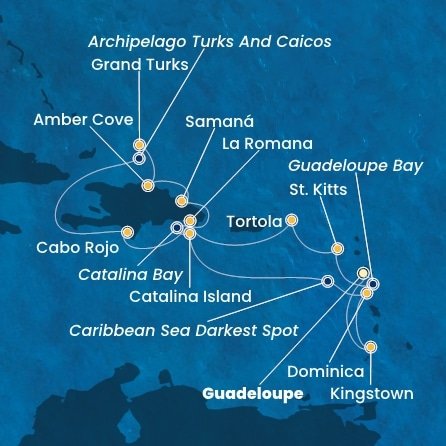 Guadeloupe, Svatý Kryštof a Nevis, Britské Panenské ostrovy, Dominikánská republika, Zámořské území Velké Británie, Dominika, Svatý Vincenc a Grenadiny z Pointe-à-Pitre na lodi Costa Pacifica