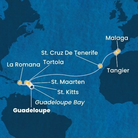 Guadeloupe, Svatý Kryštof a Nevis, Britské Panenské ostrovy, Dominikánská republika, Svatý Martin, Španělsko, Maroko z Pointe-à-Pitre na lodi Costa Fascinosa
