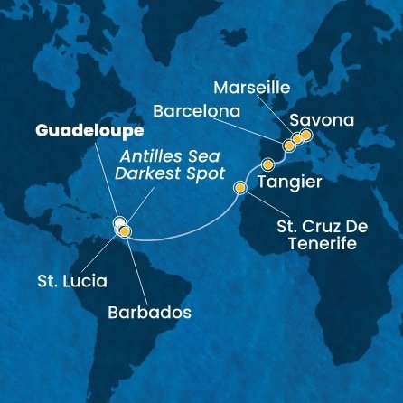 Guadeloupe, Svatá Lucie, Barbados, Španělsko, Maroko, Francie, Itálie z Pointe-à-Pitre na lodi Costa Fascinosa