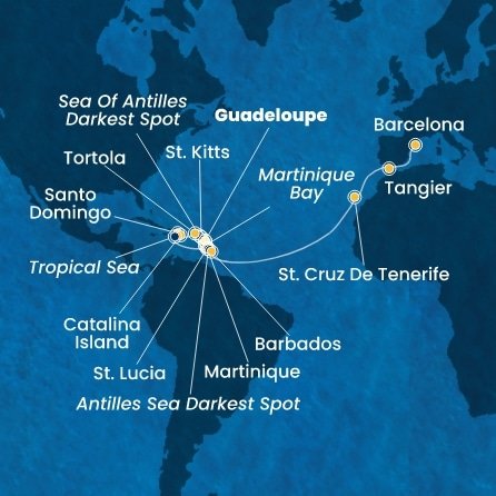 Guadeloupe, Svatý Kryštof a Nevis, Britské Panenské ostrovy, Dominikánská republika, Martinik, Svatá Lucie, Barbados, Španělsko, Maroko z Pointe-à-Pitre na lodi Costa Fascinosa