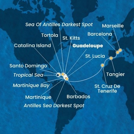 Guadeloupe, Svatý Kryštof a Nevis, Britské Panenské ostrovy, Dominikánská republika, Martinik, Svatá Lucie, Barbados, Španělsko, Maroko, Francie z Pointe-à-Pitre na lodi Costa Fascinosa