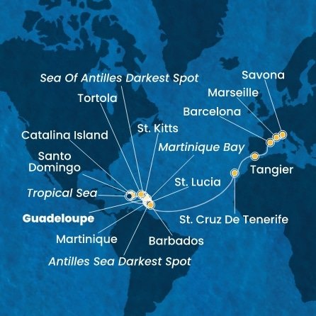 Guadeloupe, Svatý Kryštof a Nevis, Britské Panenské ostrovy, Dominikánská republika, Martinik, Svatá Lucie, Barbados, Španělsko, Maroko, Francie, Itálie z Pointe-à-Pitre na lodi Costa Fascinosa