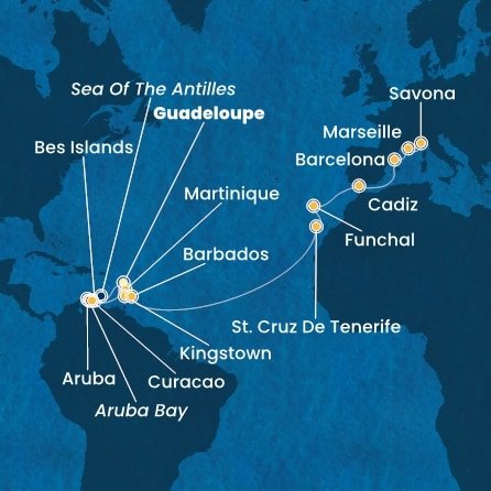 Guadeloupe, Bonaire, Zámořské společenství Francie, Aruba, Autonomní státy Nizozemska, Curacao, Martinik, Svatý Vincenc a Grenadiny, Barbados, Španělsko, Portugalsko, Francie, Itálie z Pointe-à-Pitre, Guadeloupe na lodi Costa Fortuna