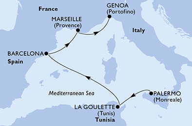 Itálie, Tunisko, Španělsko, Francie z Palerma na lodi MSC Euribia