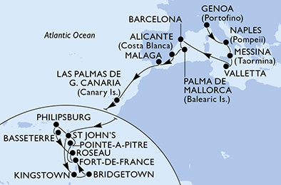 Itálie, Malta, Španělsko, Antigua a Barbuda, Svatý Vincenc a Grenadiny, Barbados, Martinik, Guadeloupe, Svatý Martin, Svatý Kryštof a Nevis, Dominika z Janova na lodi MSC World Asia