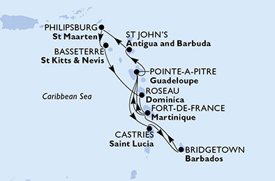 Barbados, Martinik, Guadeloupe, Antigua a Barbuda, Svatý Martin, Svatý Kryštof a Nevis, Dominika, Svatá Lucie z Bridgetownu na lodi MSC World Asia