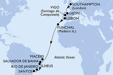 Velká Británie, Španělsko, Portugalsko, Brazílie ze Southamptonu na lodi MSC Meraviglia