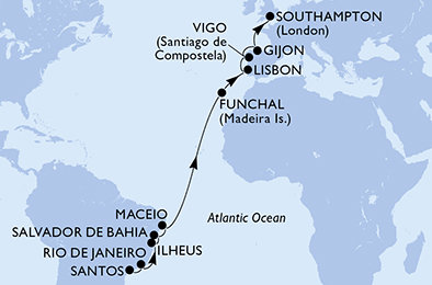 Brazílie, Portugalsko, Španělsko, Velká Británie ze Santosu na lodi MSC Meraviglia