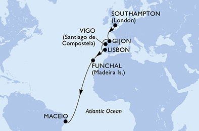 Velká Británie, Španělsko, Portugalsko, Brazílie ze Southamptonu na lodi MSC Meraviglia