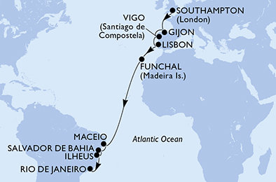Velká Británie, Španělsko, Portugalsko, Brazílie ze Southamptonu na lodi MSC Meraviglia