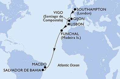 Velká Británie, Španělsko, Portugalsko, Brazílie ze Southamptonu na lodi MSC Meraviglia