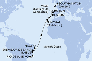 Brazílie, Portugalsko, Španělsko, Velká Británie z Rio de Janeira na lodi MSC Meraviglia