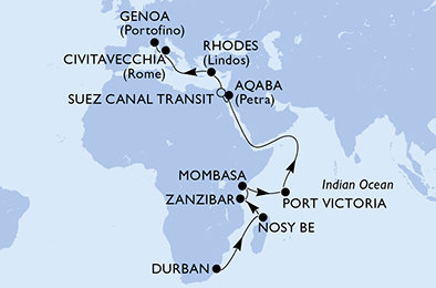 Jihoafrická republika, Madagaskar, Tanzánie, Keňa, Seychely, Jordánsko, Egypt, Řecko, Itálie z Durbanu na lodi MSC Sinfonia