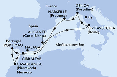 Itálie, Francie, Španělsko, Portugalsko, Maroko, Velká Británie z Civitavecchia na lodi MSC Sinfonia