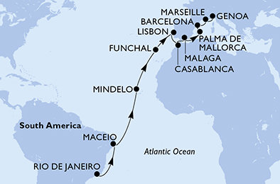 Brazílie, Kapverdy, Portugalsko, Maroko, Španělsko, Francie, Itálie z Rio de Janeira na lodi MSC Seaview