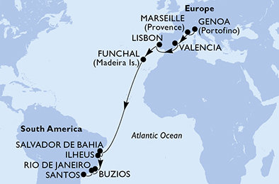 Itálie, Francie, Španělsko, Portugalsko, Brazílie z Janova na lodi MSC Musica