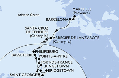 Francie, Španělsko, Svatý Martin, Svatý Kryštof a Nevis, Svatý Vincenc a Grenadiny, Barbados, Grenada, Martinik, Guadeloupe z Marseille na lodi MSC World Europa
