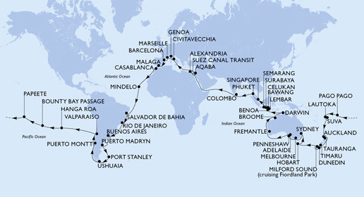 Španělsko, Maroko, Kapverdy, Brazílie, Argentina, Zámořské území Velké Británie, Chile, Francouzská Polynésie, Americká Samoa, , Fidži, Nový Zéland, Austrálie, Indonésie, Singapur, Thajsko, Srí Lanka, Jordánsko, Egypt, Itálie, Francie z Barcelony na lodi MSC Magnifica