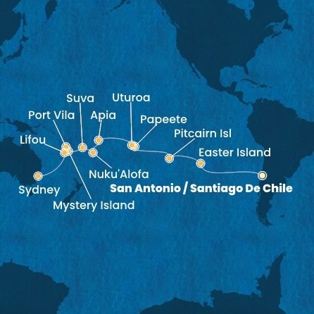Chile, Zámořské území Velké Británie, Francouzská Polynésie, Zámořské společenství Francie, Samoa, Tonga, Fidži, Vanuatu, Nová Kaledonie, Austrálie ze San Antonio na lodi Costa Deliziosa