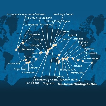 Chile, Zámořské území Velké Británie, Francouzská Polynésie, Zámořské společenství Francie, Samoa, Tonga, Fidži, Vanuatská republika, Nová Kaledonie, Austrálie, Papua Nová Guinea, Japonsko, Jižní Korea, Tchaj-wan, Čína, Vietnam, Singapur, Malajsie, Srí Lanka, Maledivy, Mauricius, Jihoafrická republika, Namibie, Kapverdy, Španělsko, Francie ze San Antonio na lodi Costa Deliziosa