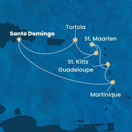 Dominikánská republika, Martinik, Guadeloupe, Svatý Martin, Svatý Kryštof a Nevis, Britské Panenské ostrovy ze Santo Dominga na lodi Costa Favolosa