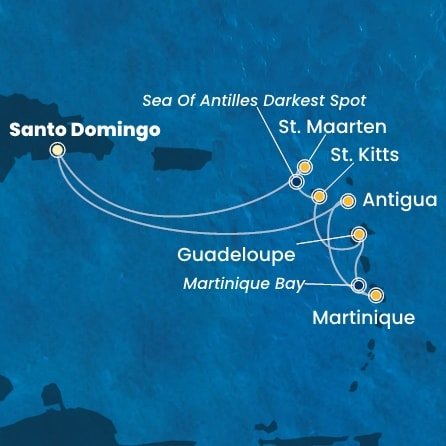 Dominikánská republika, Antigua a Barbuda, Martinik, Guadeloupe, Svatý Kryštof a Nevis, Svatý Martin ze Santo Dominga na lodi Costa Favolosa