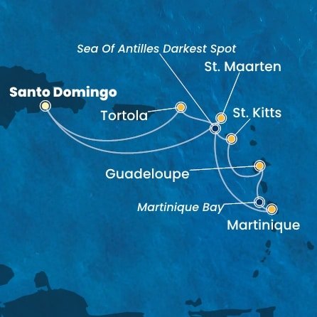 Dominikánská republika, Svatý Martin, Martinik, Guadeloupe, Svatý Kryštof a Nevis, Britské Panenské ostrovy ze Santo Dominga na lodi Costa Favolosa