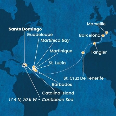 Dominikánská republika, Martinik, Guadeloupe, Svatá Lucie, Barbados, Španělsko, Maroko, Francie ze Santo Dominga na lodi Costa Fascinosa