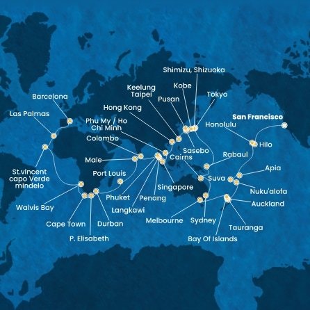 USA, Samoa, Fidži, Tonga, Nový Zéland, Austrálie, Papua Nová Guinea, Japonsko, Jižní Korea, Tchaj-wan, Čína, Vietnam, Singapur, Malajsie, Thajsko, Srí Lanka, Maledivy, Mauricius, Jihoafrická republika, Namibie, Kapverdy, Španělsko ze San Francisca na lodi Costa Deliziosa