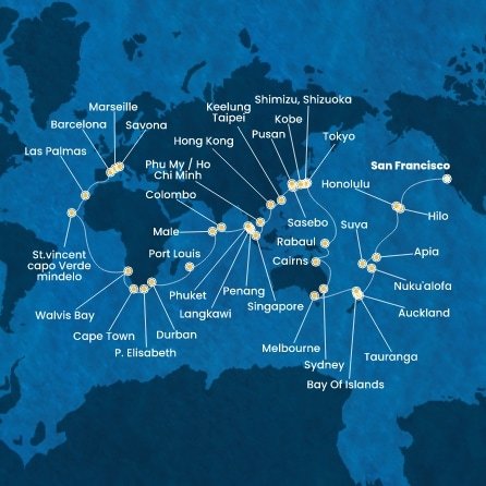 USA, Samoa, Fidži, Tonga, Nový Zéland, Austrálie, Papua Nová Guinea, Japonsko, Jižní Korea, Tchaj-wan, Čína, Vietnam, Singapur, Malajsie, Thajsko, Srí Lanka, Maledivy, Mauricius, Jihoafrická republika, Namibie, Kapverdy, Španělsko, Francie, Itálie ze San Francisca na lodi Costa Deliziosa