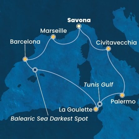 Itálie, Francie, Španělsko, Tunisko ze Savony na lodi Costa Smeralda
