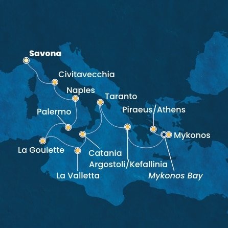 Itálie, Tunisko, Malta, Kefalonie, Řecko ze Savony na lodi Costa Fascinosa