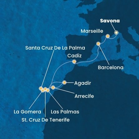 Itálie, Francie, Španělsko, La Gomera, Maroko ze Savony na lodi Costa Fortuna