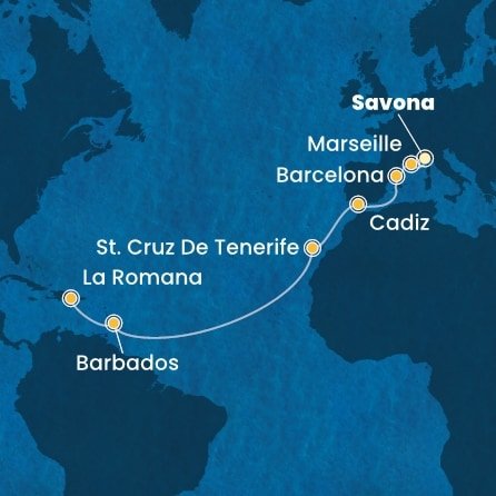 Itálie, Francie, Španělsko, Barbados, Dominikánská republika ze Savony na lodi Costa Pacifica