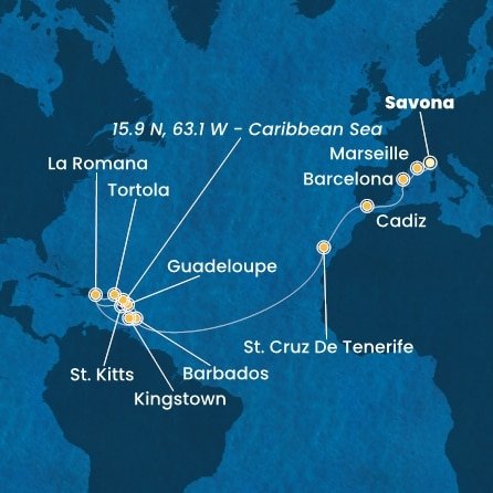 Itálie, Francie, Španělsko, Barbados, Dominikánská republika, Svatý Vincenc a Grenadiny, Guadeloupe, Svatý Kryštof a Nevis, Britské Panenské ostrovy ze Savony na lodi Costa Pacifica