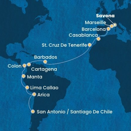 Itálie, Francie, Španělsko, Maroko, Barbados, Kolumbie, Panama, Ekvádor, Peru, Chile ze Savony na lodi Costa Deliziosa