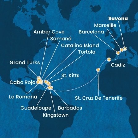 Itálie, Francie, Španělsko, Barbados, Dominikánská republika, Svatý Vincenc a Grenadiny, Guadeloupe, Svatý Kryštof a Nevis, Britské Panenské ostrovy, Zámořské území Velké Británie ze Savony na lodi Costa Pacifica