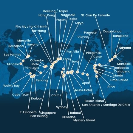Itálie, Francie, Španělsko, Maroko, Barbados, Kolumbie, Panama, Ekvádor, Peru, Chile, Zámořské území Velké Británie, Francouzská Polynésie, Zámořské společenství Francie, Samoa, Tonga, Fidži, Vanuatu, Nová Kaledonie, Austrálie, Papua Nová Guinea, Japonsko, Jižní Korea, Tchaj-wan, Čína, Vietnam, Singapur, Malajsie, Srí Lanka, Maledivy, Mauricius, Jihoafrická republika, Namibie, Kapverdy ze Savony na lodi Costa Deliziosa