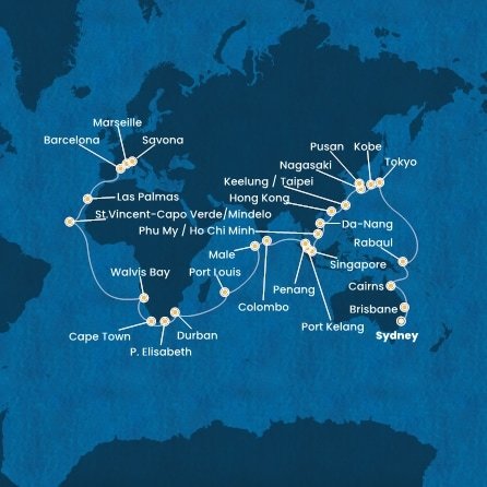 Austrálie, Papua Nová Guinea, Japonsko, Jižní Korea, Tchaj-wan, Čína, Vietnam, Singapur, Malajsie, Srí Lanka, Maledivy, Mauricius, Jihoafrická republika, Namibie, Kapverdy, Španělsko, Francie, Itálie ze Sydney na lodi Costa Deliziosa