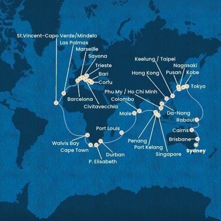 Austrálie, Papua Nová Guinea, Japonsko, Jižní Korea, Tchaj-wan, Čína, Vietnam, Singapur, Malajsie, Srí Lanka, Maledivy, Mauricius, Jihoafrická republika, Namibie, Kapverdy, Španělsko, Francie, Itálie, Řecko ze Sydney na lodi Costa Deliziosa