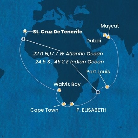 Španělsko, Namibie, Jihoafrická republika, Mauricius, Omán, Spojené arabské emiráty z Tenerife na lodi Costa Smeralda